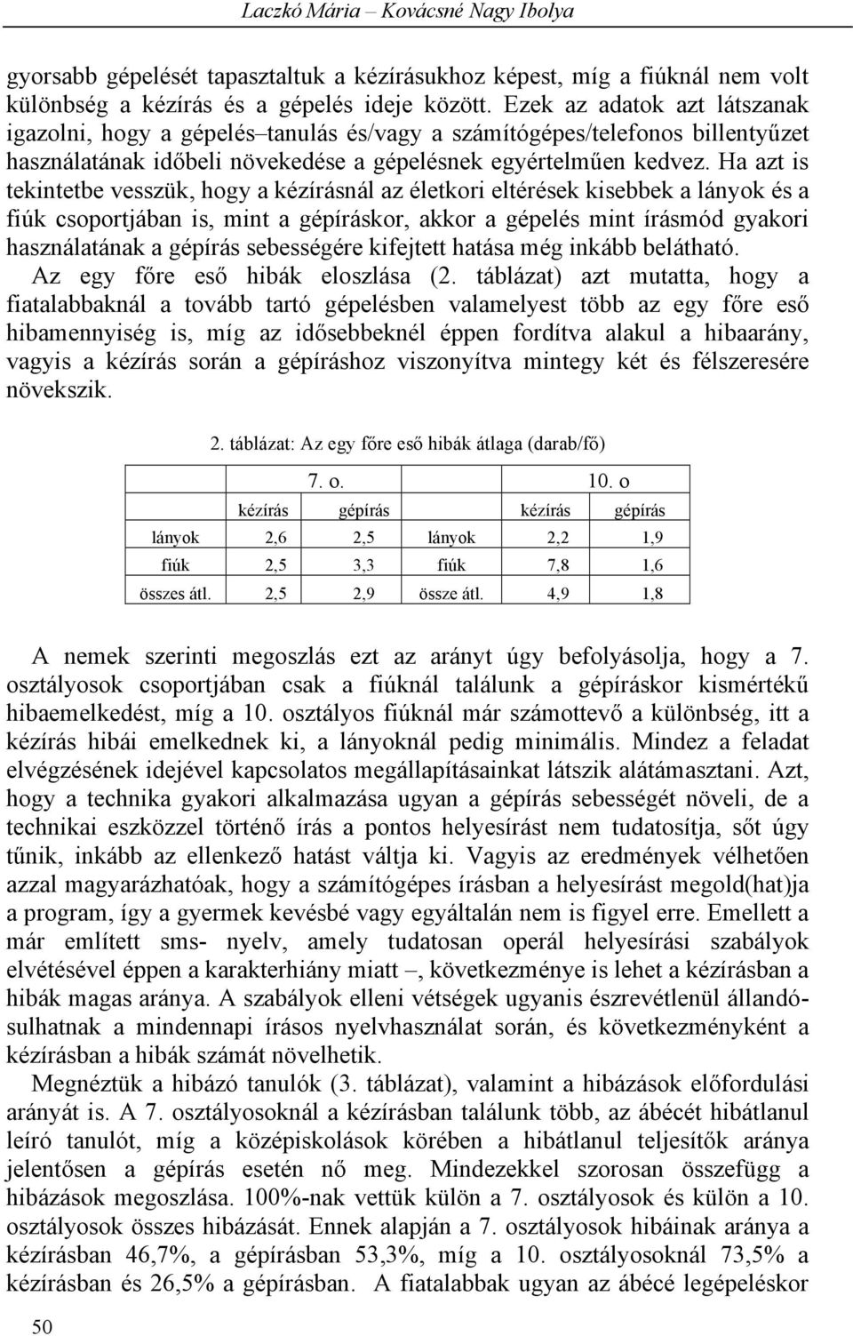 Ha azt is tekintetbe vesszük, hogy a kézírásnál az életkori eltérések kisebbek a lányok és a fiúk csoportjában is, mint a gépíráskor, akkor a gépelés mint írásmód gyakori használatának a gépírás