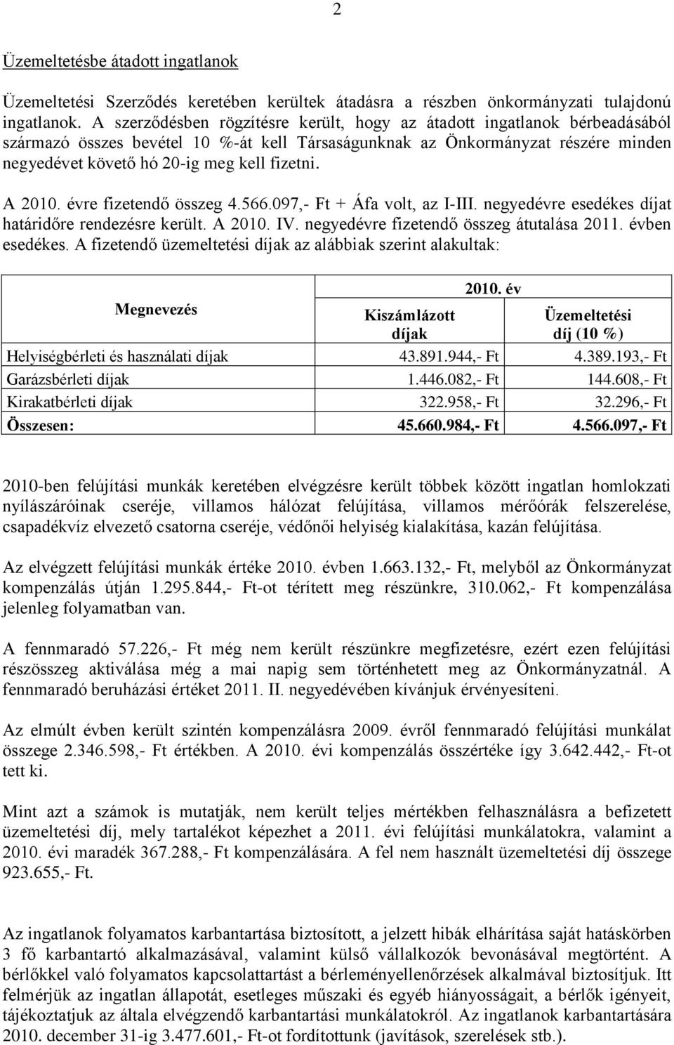 fizetni. A 2010. évre fizetendő összeg 4.566.097,- Ft + Áfa volt, az I-III. negyedévre esedékes díjat határidőre rendezésre került. A 2010. IV. negyedévre fizetendő összeg átutalása 2011.