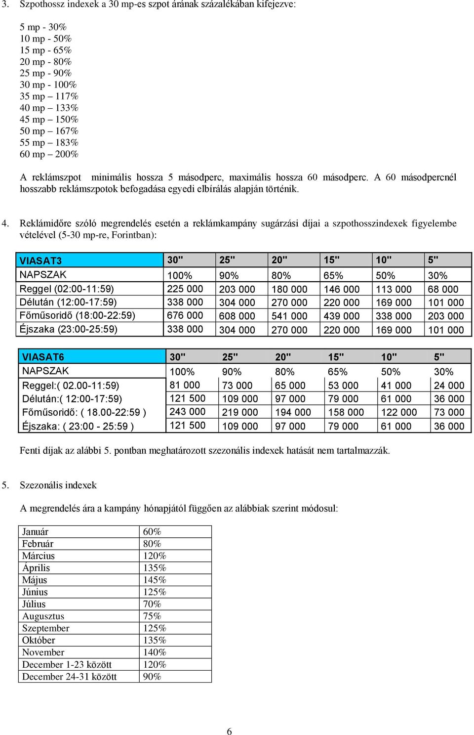 Reklámidőre szóló megrendelés esetén a reklámkampány sugárzási díjai a szpothosszindexek figyelembe vételével (5-30 mp-re, Forintban): VIASAT3 30" 25" 20" 15" 10" 5" NAPSZAK 100% 90% 80% 65% 50% 30%