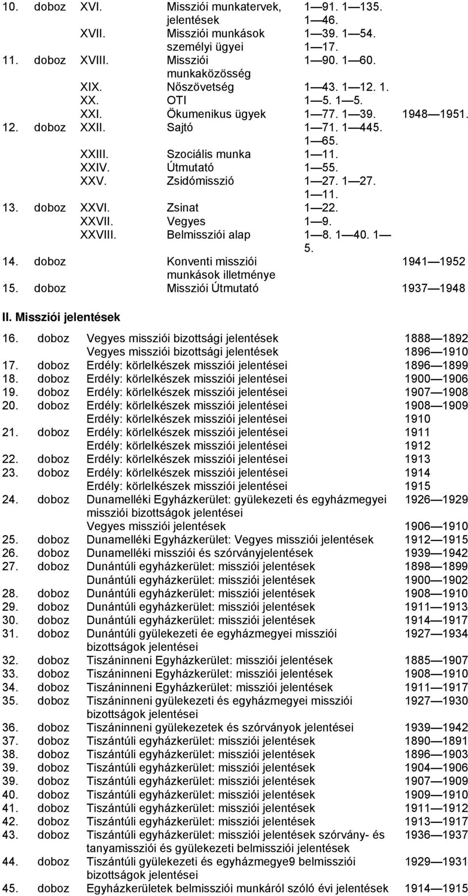 doboz XXVI. Zsinat 1 22. XXVII. Vegyes 1 9. XXVIII. Belmissziói alap 1 8. 1 40. 1 5. 14. doboz Konventi missziói 1941 1952 munkások illetménye 15. doboz Missziói Útmutató 1937 1948 II. Missziói 16.