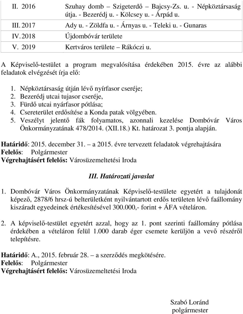 Népköztársaság útján lévő nyírfasor cseréje; 2. Bezerédj utcai tujasor cseréje, 3. Fürdő utcai nyárfasor pótlása; 4. Csereterület erdősítése a Konda patak völgyében. 5.