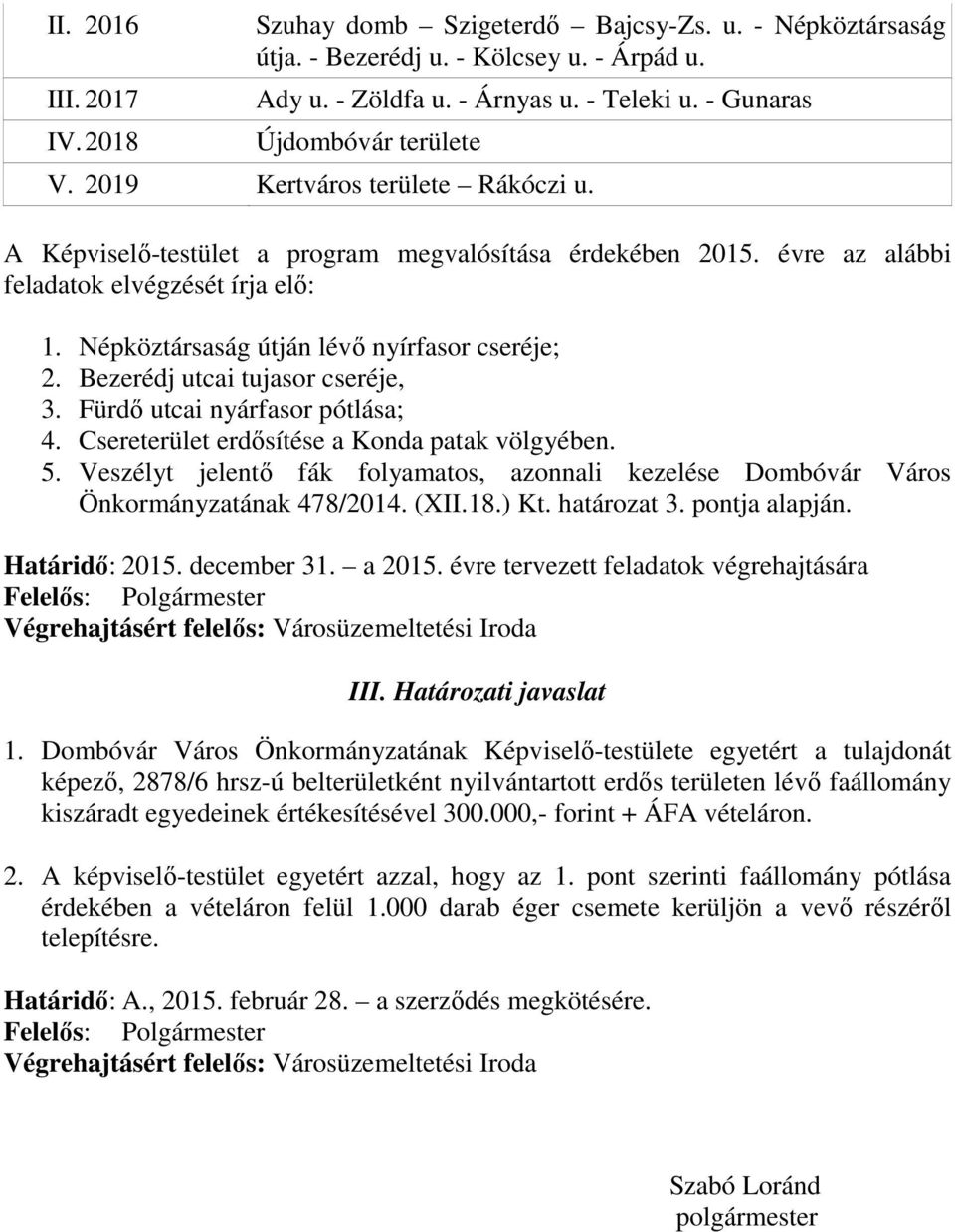 Népköztársaság útján lévő nyírfasor cseréje; 2. Bezerédj utcai tujasor cseréje, 3. Fürdő utcai nyárfasor pótlása; 4. Csereterület erdősítése a Konda patak völgyében. 5.