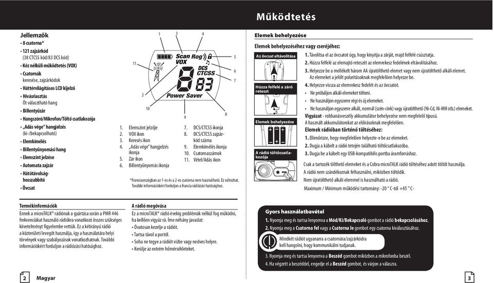 1. Elemszint jelzője 2. VOX ikon 3. Keresés ikon 4. Adás vége hangjelzés ikonja 5. Zár ikon 6. Billentyűnyomás ikonja 1 3 9 7. DCS/CTCSS ikonja 8. DCS/CTCSS zajzárkód száma 9. Elemkímélés ikonja 10.