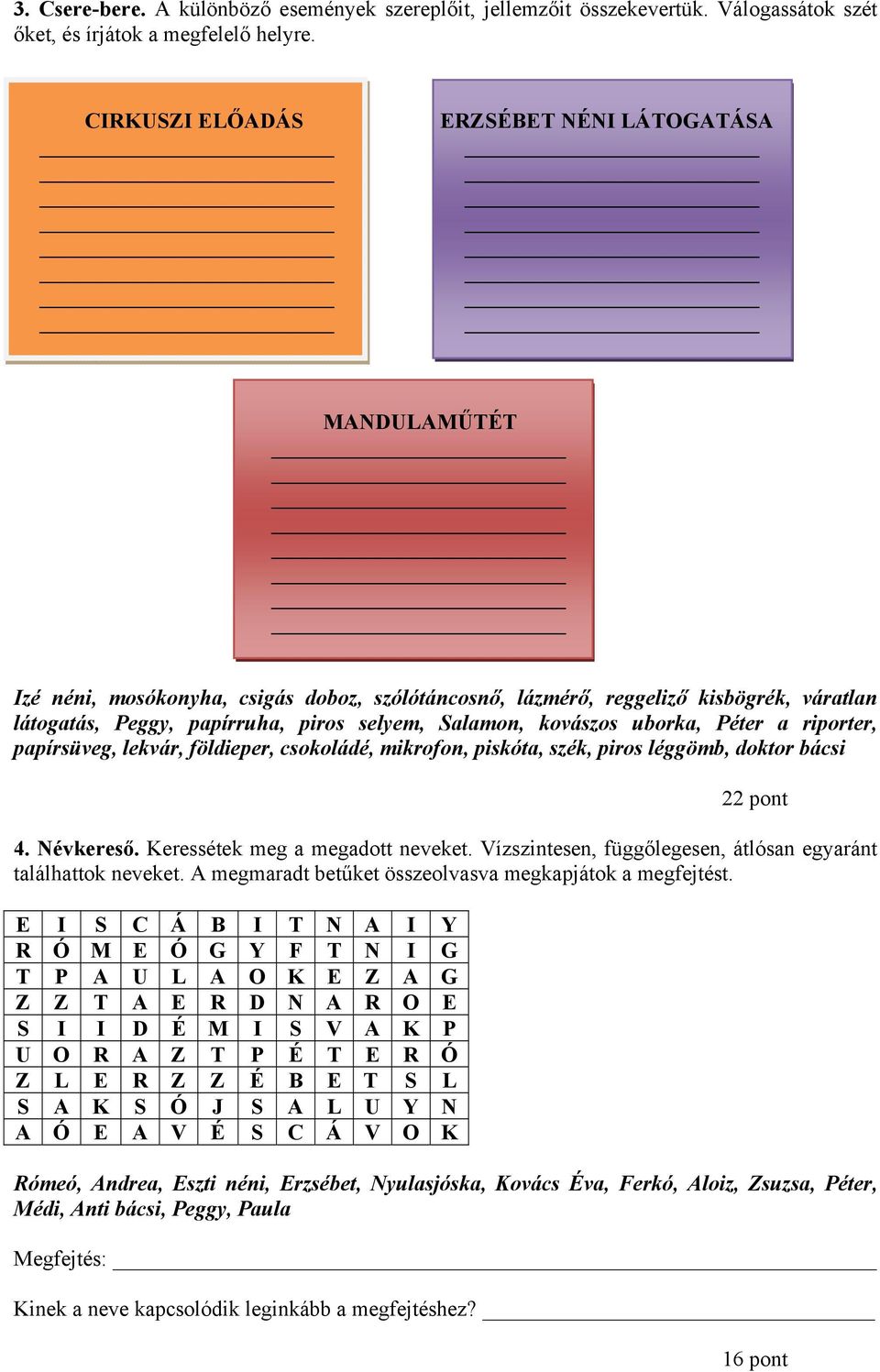 kovászos uborka, Péter a riporter, papírsüveg, lekvár, földieper, csokoládé, mikrofon, piskóta, szék, piros léggömb, doktor bácsi 22 pont 4. Névkereső. Keressétek meg a megadott neveket.