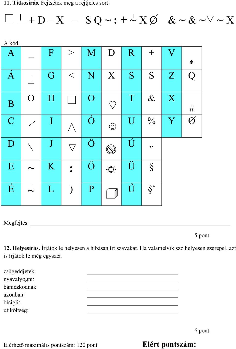 Ú E ~ K : Ő Ü É ~ L ) P Ű Megfejtés: 5 pont 12. Helyesírás. Írjátok le helyesen a hibásan írt szavakat.