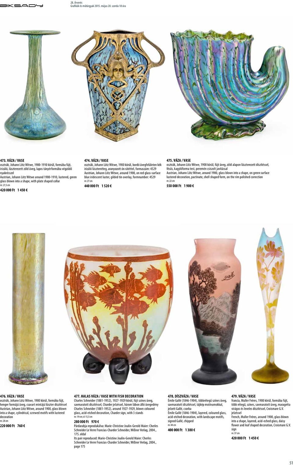 Váza / Vase osztrák, Johann Lötz Witwe, 1900 körül, bordó üvegfelületen kék irizáló lüszterréteg, aranyozott ón rátéttel, formaszám: 4529 Austrian, Johann Lötz Witwe, around 1900, on red