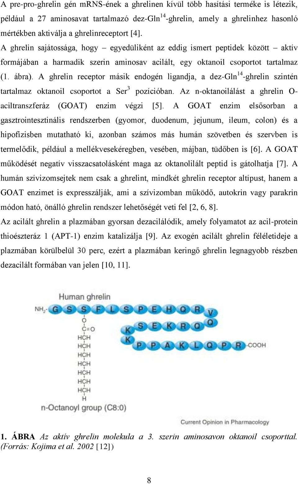 A ghrelin receptor másik endogén ligandja, a dez-gln 14 -ghrelin szintén tartalmaz oktanoil csoportot a Ser 3 pozícióban. Az n-oktanoilálást a ghrelin O- aciltranszferáz (GOAT) enzim végzi [5].