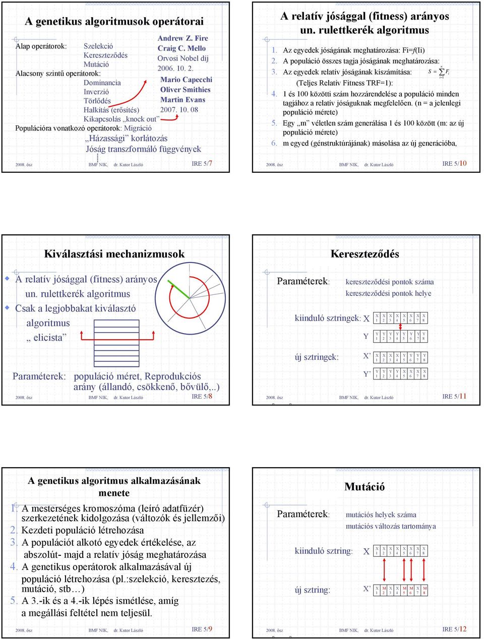 rulettkerék algoritmus. Az egyedek jóságának meghatározása: Fi=f(Ii). A populáció összes tagja jóságának meghatározása: n 3.