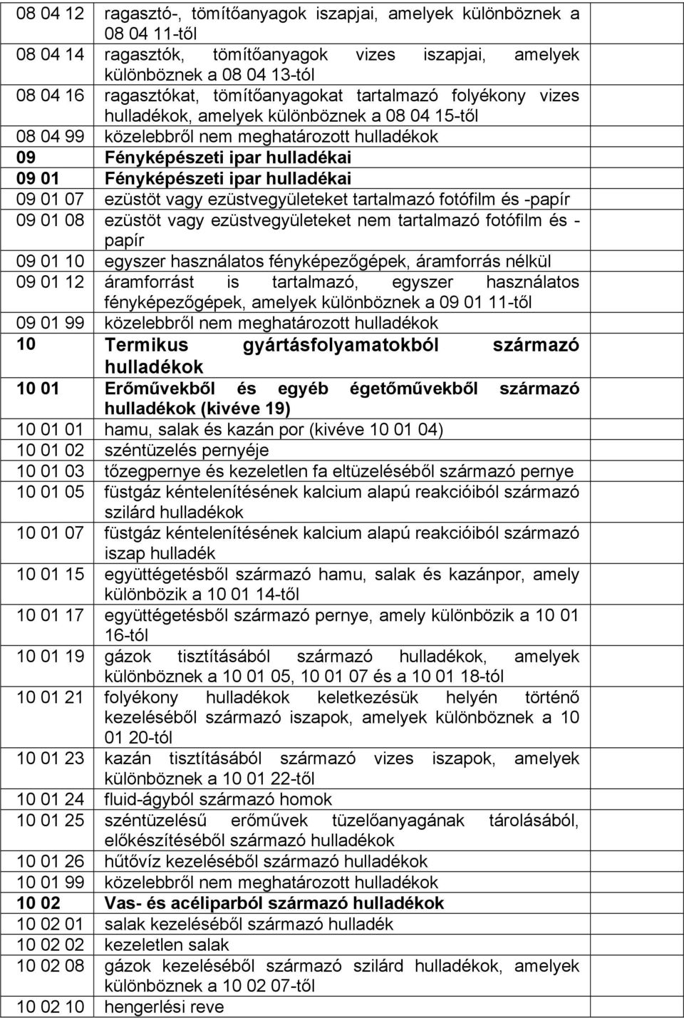 ezüstöt vagy ezüstvegyületeket tartalmazó fotófilm és -papír 09 01 08 ezüstöt vagy ezüstvegyületeket nem tartalmazó fotófilm és - papír 09 01 10 egyszer használatos fényképezőgépek, áramforrás nélkül