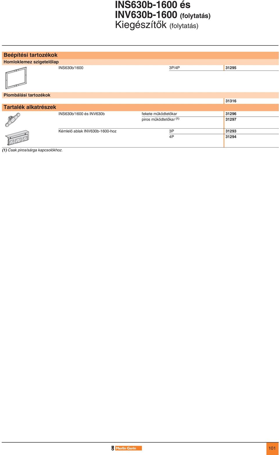 alkatrészek E88709 31316 INS630b/1600 és INV630b fekete mûködtetôkar 31296 piros