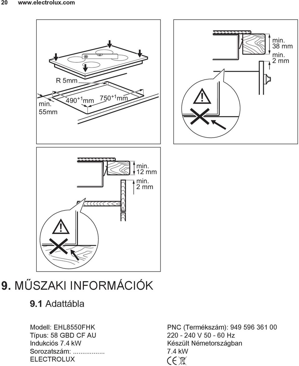 1 Adattábla Modell: EHL8550FHK PNC (Termékszám): 949 596 361 00 Típus: 58