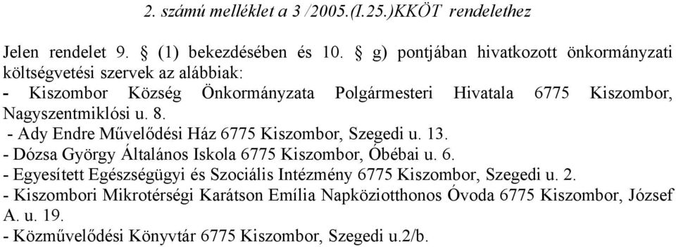 Nagyszentmiklósi u. 8. - Ady Endre Művelődési Ház 6775 Kiszombor, Szegedi u. 13. - Dózsa György Általános Iskola 6775 Kiszombor, Óbébai u. 6. - Egyesített Egészségügyi és Szociális Intézmény 6775 Kiszombor, Szegedi u.
