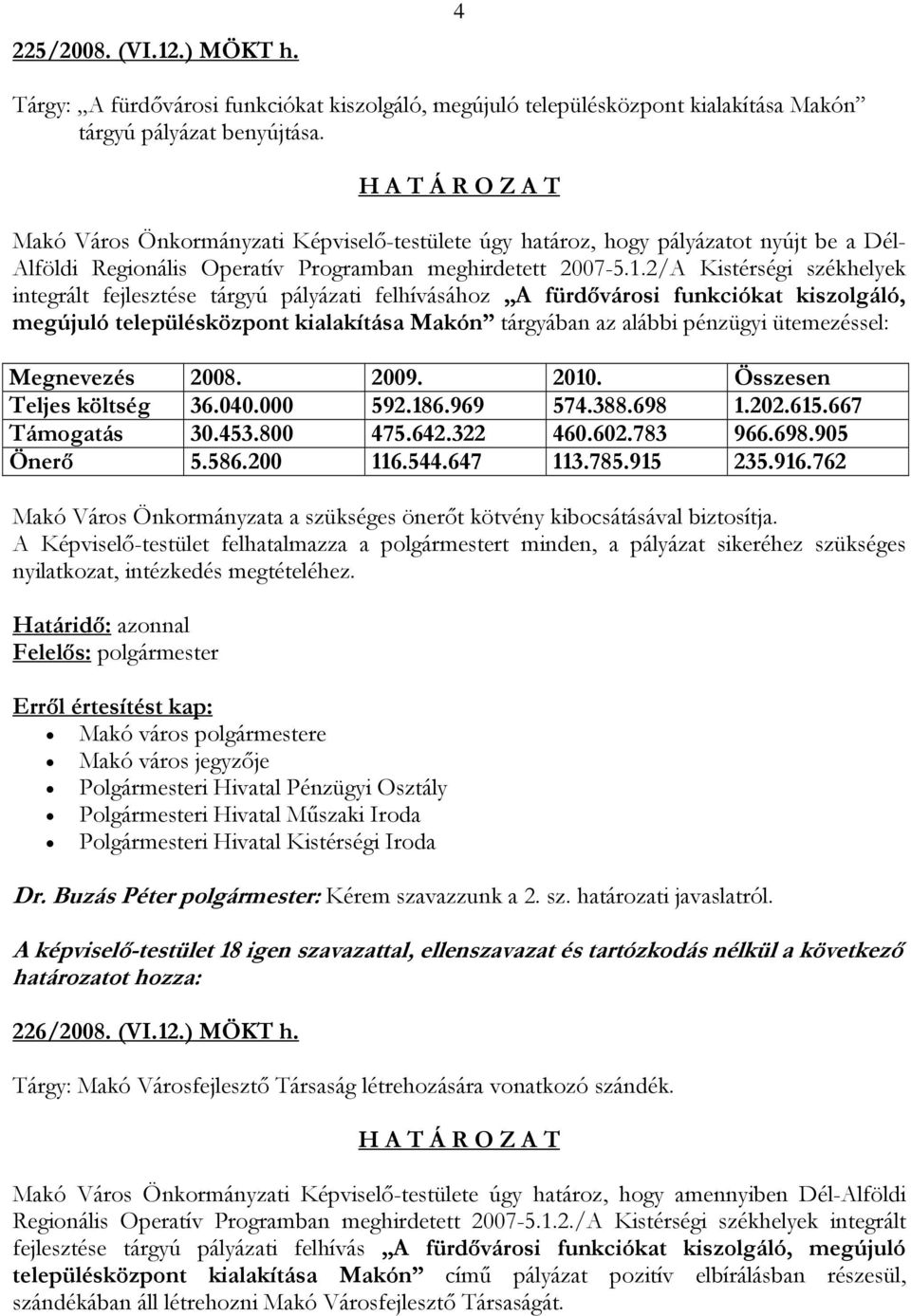 2/A Kistérségi székhelyek integrált fejlesztése tárgyú pályázati felhívásához A fürdővárosi funkciókat kiszolgáló, megújuló településközpont kialakítása Makón tárgyában az alábbi pénzügyi