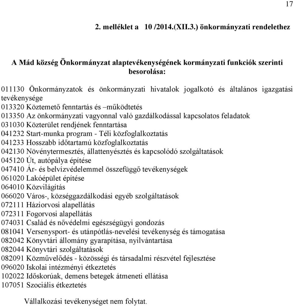 tevékenysége 013320 Köztemető fenntartás és működtetés 013350 Az önkormányzati vagyonnal való gazdálkodással kapcsolatos feladatok 031030 Közterület rendjének fenntartása 041232 Start-munka program -