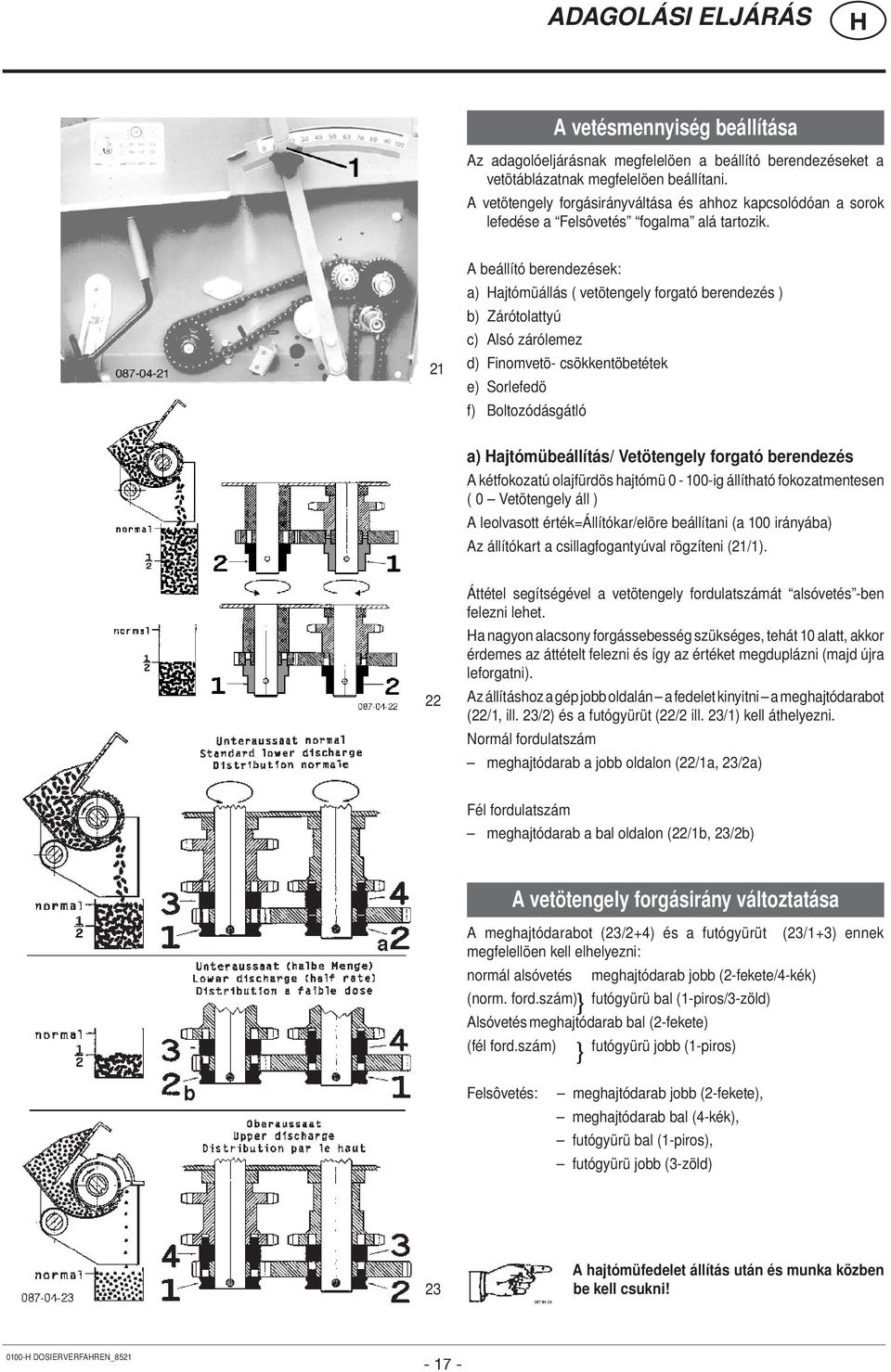 21 A beállító berendezések: a) ajtómüállás ( vetötengely forgató berendezés ) b) Zárótolattyú c) Alsó zárólemez d) Finomvetö- csökkentöbetétek e) Sorlefedö f) Boltozódásgátló a) ajtómübeállítás/