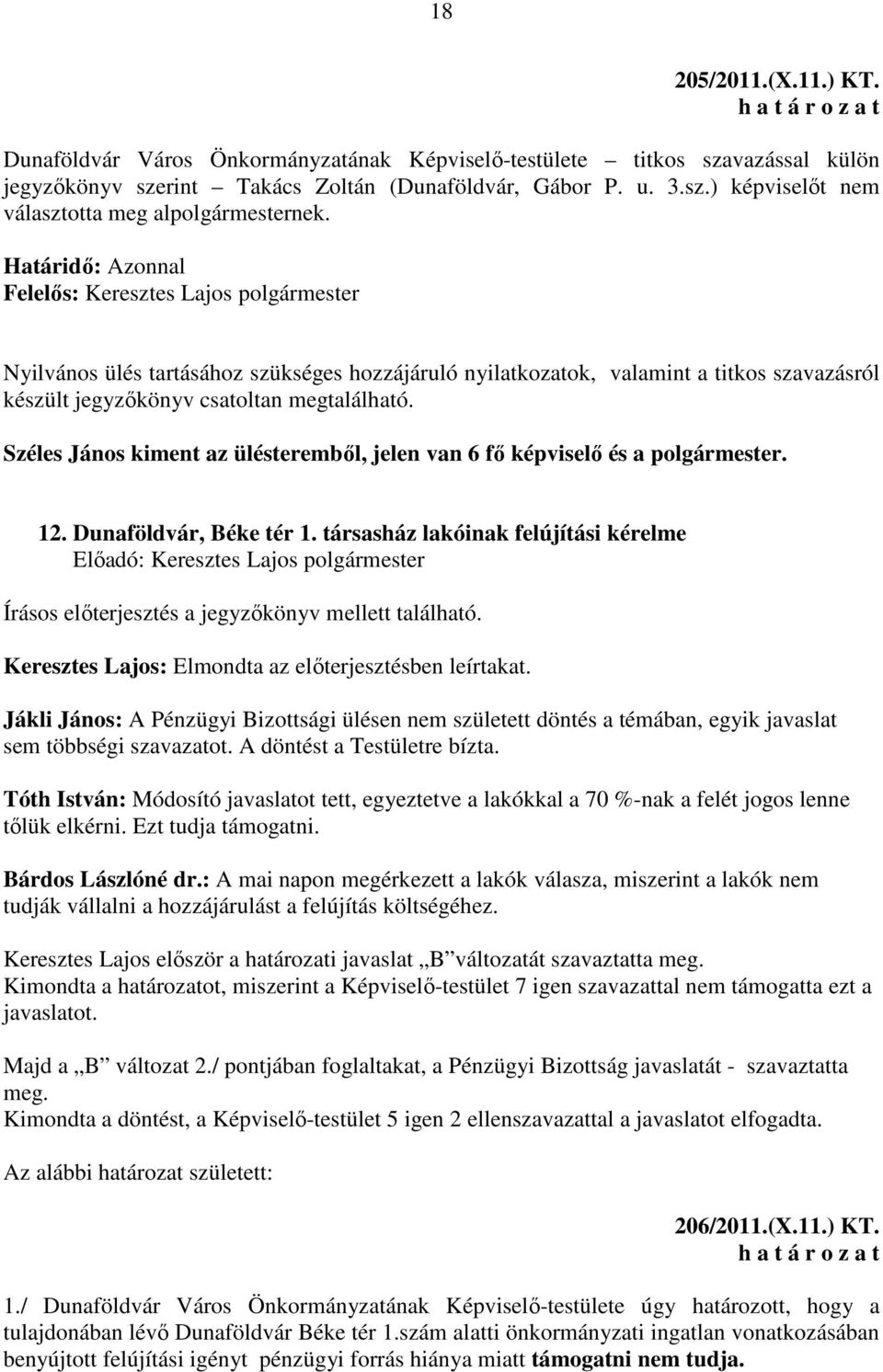 Széles János kiment az ülésteremből, jelen van 6 fő képviselő és a polgármester. 12. Dunaföldvár, Béke tér 1.