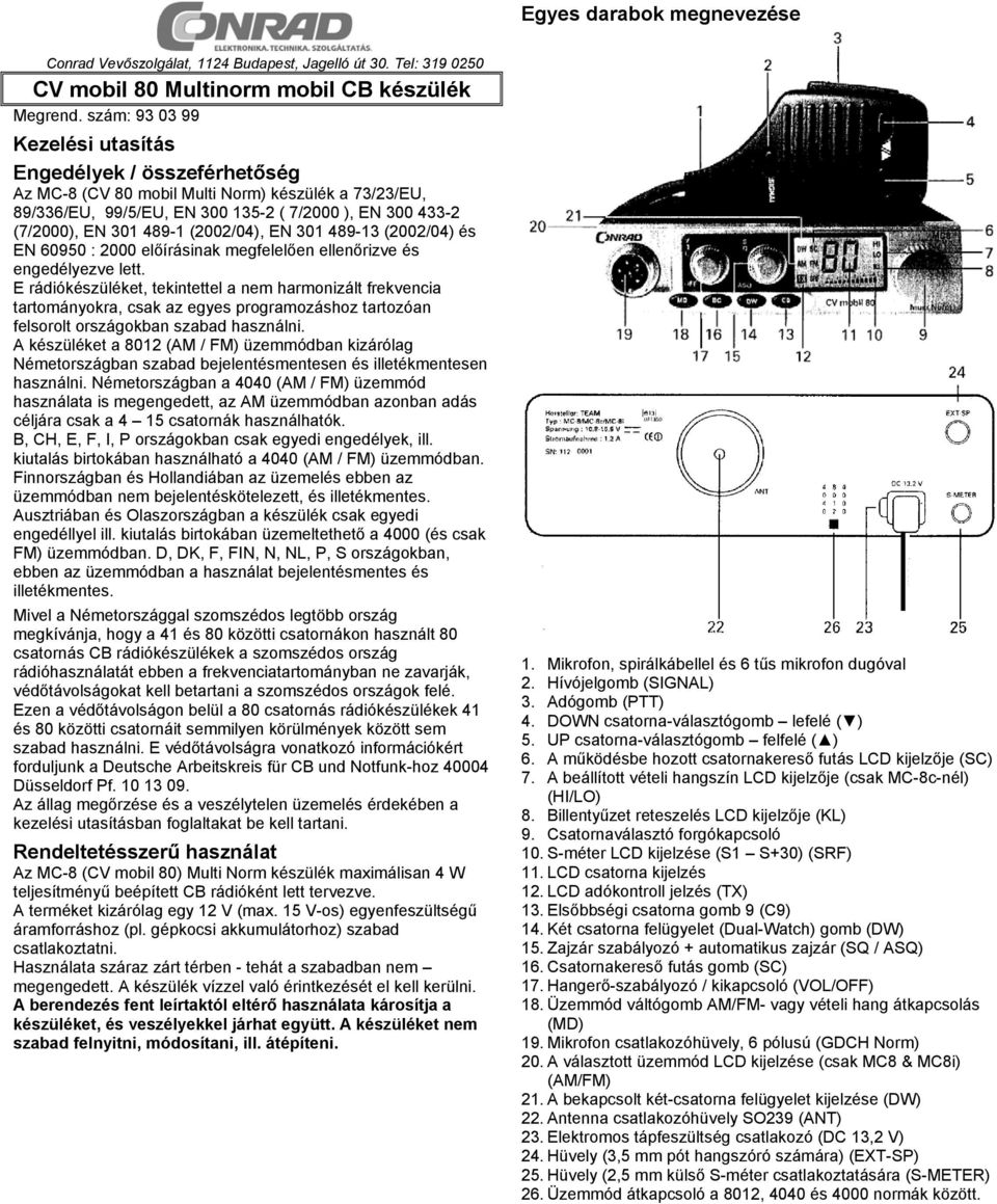 (2002/04), EN 301 489-13 (2002/04) és EN 60950 : 2000 előírásinak megfelelően ellenőrizve és engedélyezve lett.