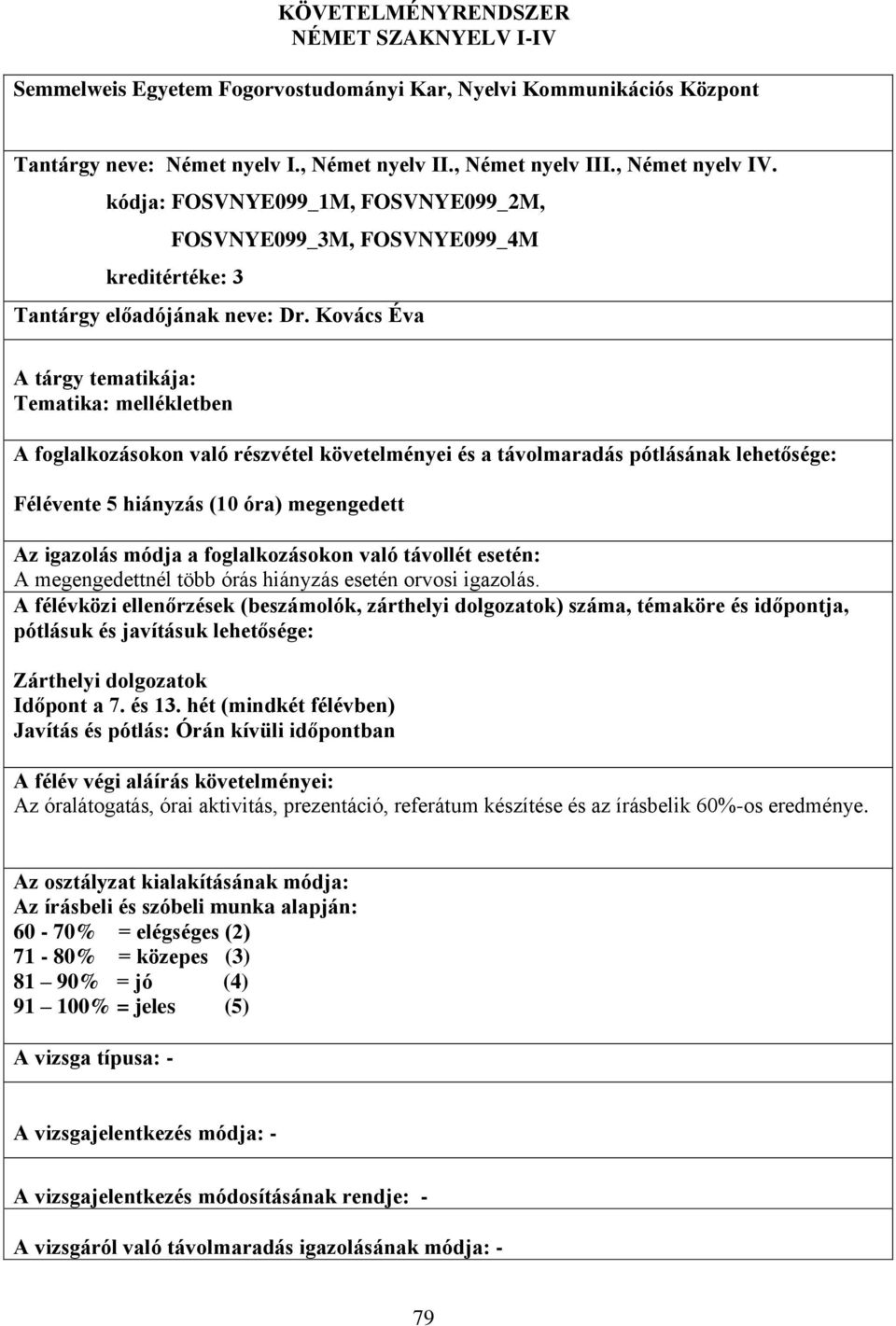 Kovács Éva A tárgy tematikája: Tematika: mellékletben A foglalkozásokon való részvétel követelményei és a távolmaradás pótlásának lehetősége: Félévente 5 hiányzás (10 óra) megengedett Az igazolás