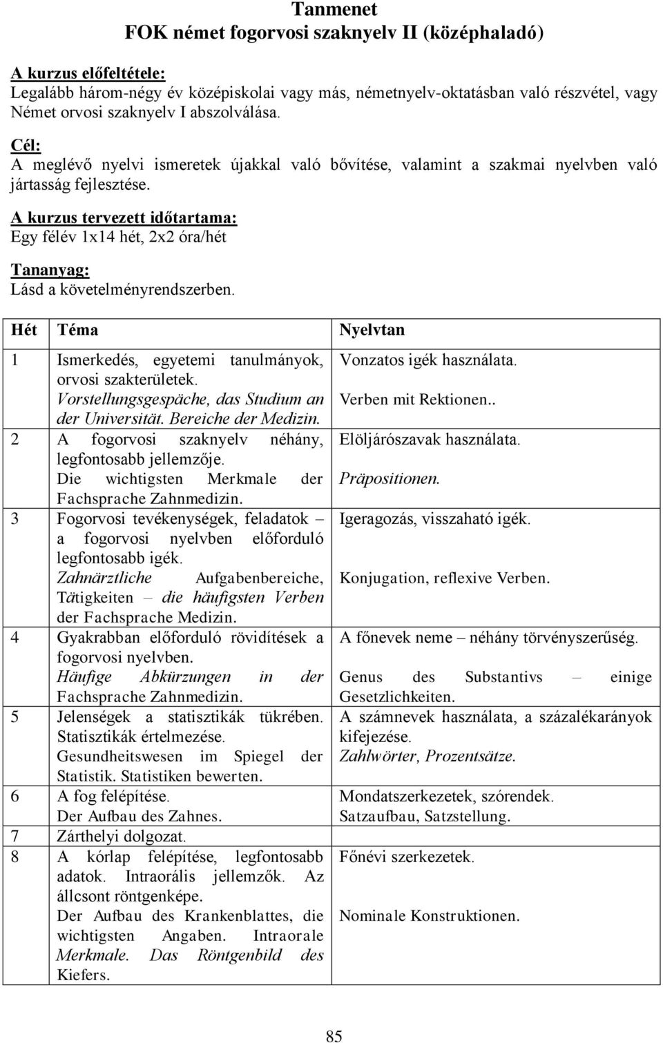 A kurzus tervezett időtartama: Egy félév 1x14 hét, 2x2 óra/hét Tananyag: Lásd a követelményrendszerben. Hét Téma Nyelvtan 1 Ismerkedés, egyetemi tanulmányok, orvosi szakterületek.