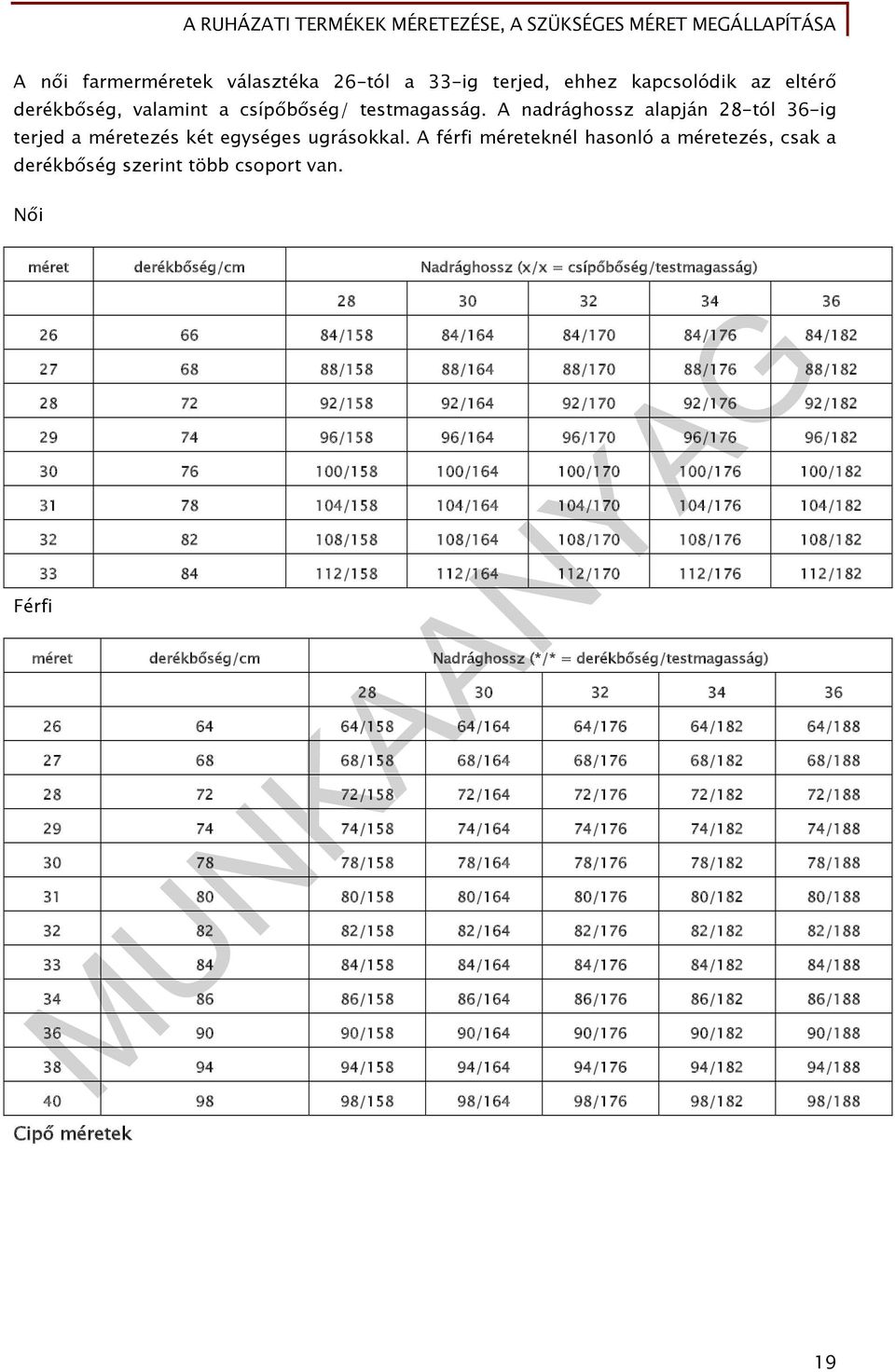 Női méret derékbőség/cm Nadrághossz (x/x = csípőbőség/testmagasság) Férfi 28 30 32 34 36 26 66 84/158 84/164 84/170 84/176 84/182 27 68 88/158 88/164 88/170 88/176 88/182 28 72 92/158 92/164 92/170