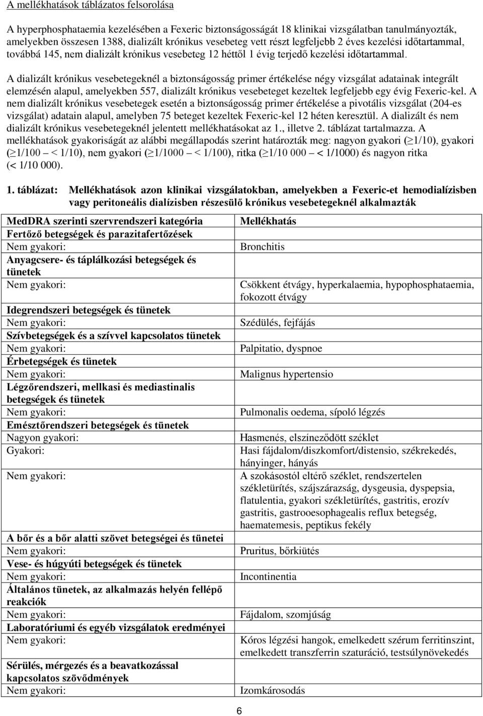 A dializált krónikus vesebetegeknél a biztonságosság primer értékelése négy vizsgálat adatainak integrált elemzésén alapul, amelyekben 557, dializált krónikus vesebeteget kezeltek legfeljebb egy évig