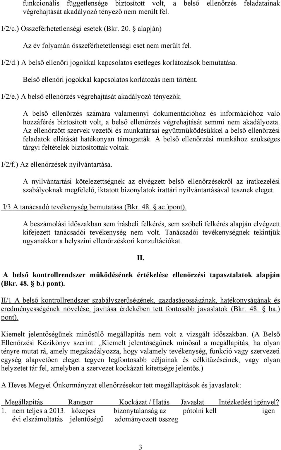 Belső ellenőri jogokkal kapcsolatos korlátozás nem történt. I/2/e.) A belső ellenőrzés végrehajtását akadályozó tényezők.