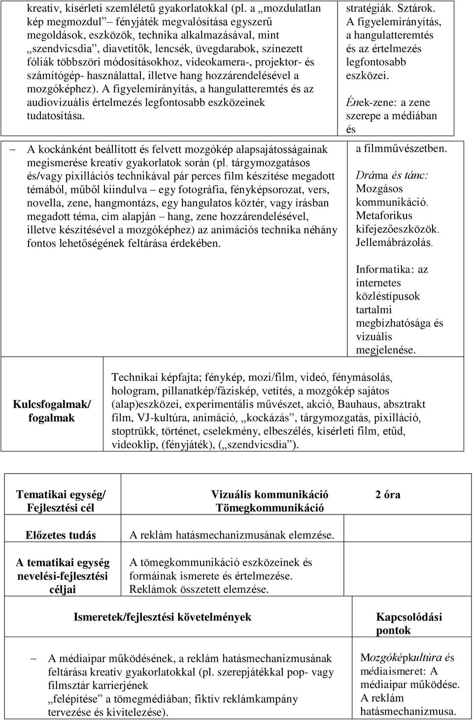 módosításokhoz, videokamera-, projektor- és számítógép- használattal, illetve hang hozzárendelésével a mozgóképhez).