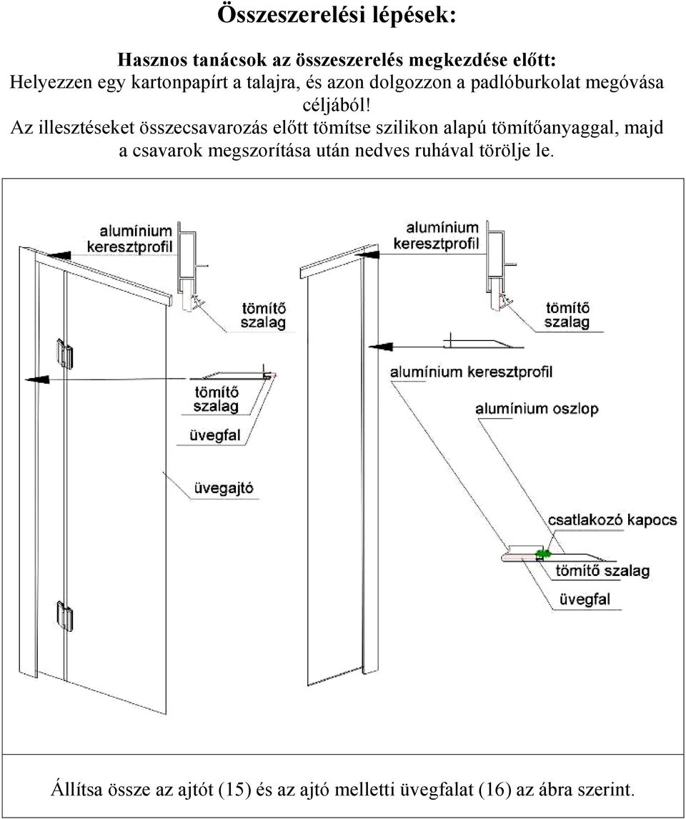 Az illesztéseket összecsavarozás előtt tömítse szilikon alapú tömítőanyaggal, majd a csavarok