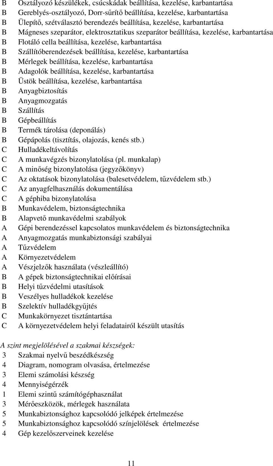 karbantartása Mérlegek beállítása, kezelése, karbantartása dagolók beállítása, kezelése, karbantartása Üstök beállítása, kezelése, karbantartása nyagbiztosítás nyagmozgatás Szállítás Gépbeállítás