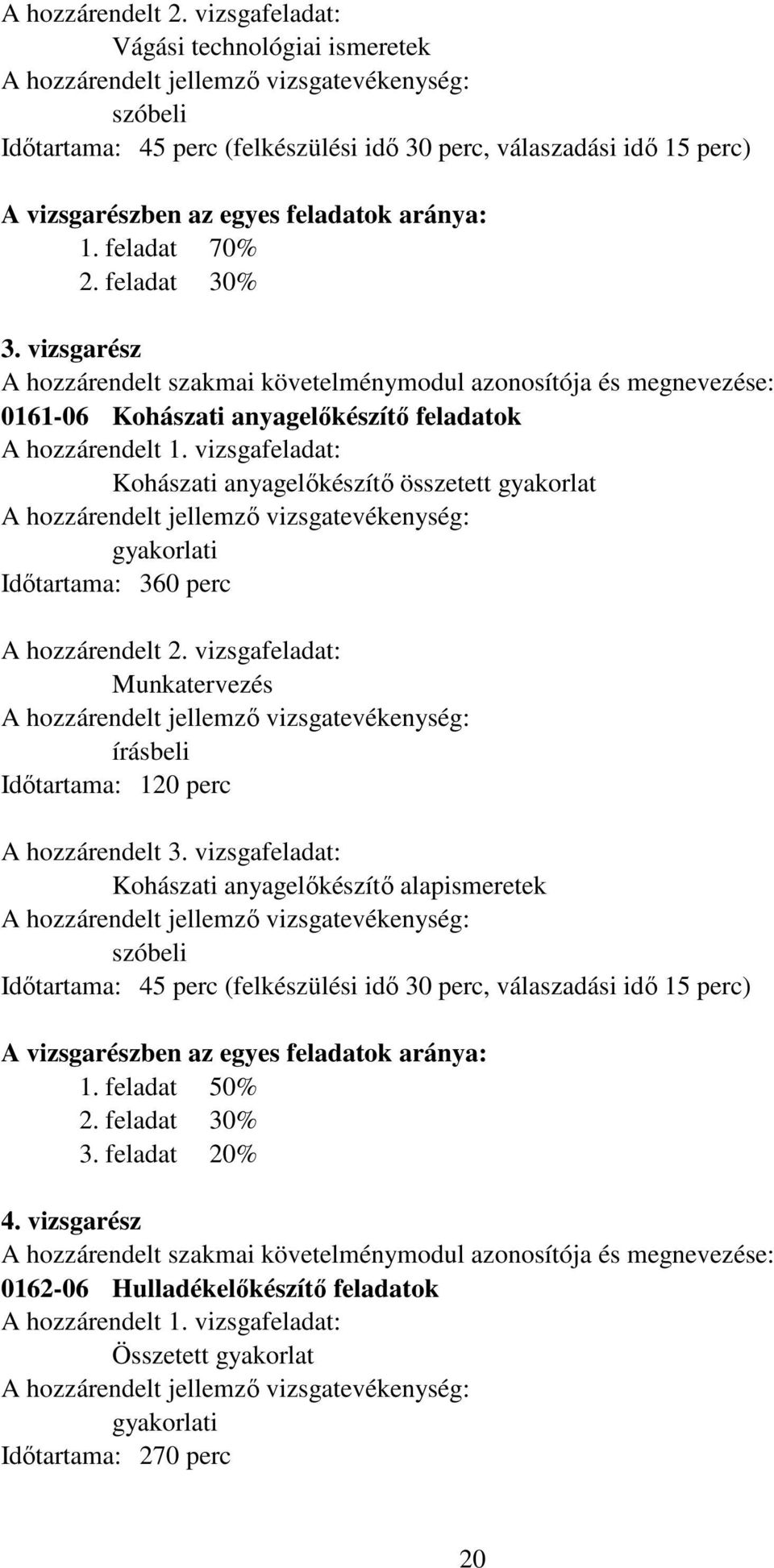 aránya: 1. feladat 70% 2. feladat 30% 3. vizsgarész hozzárendelt szakmai követelménymodul azonosítója és megnevezése: 0161-06 Kohászati anyagelıkészítı feladatok hozzárendelt 1.