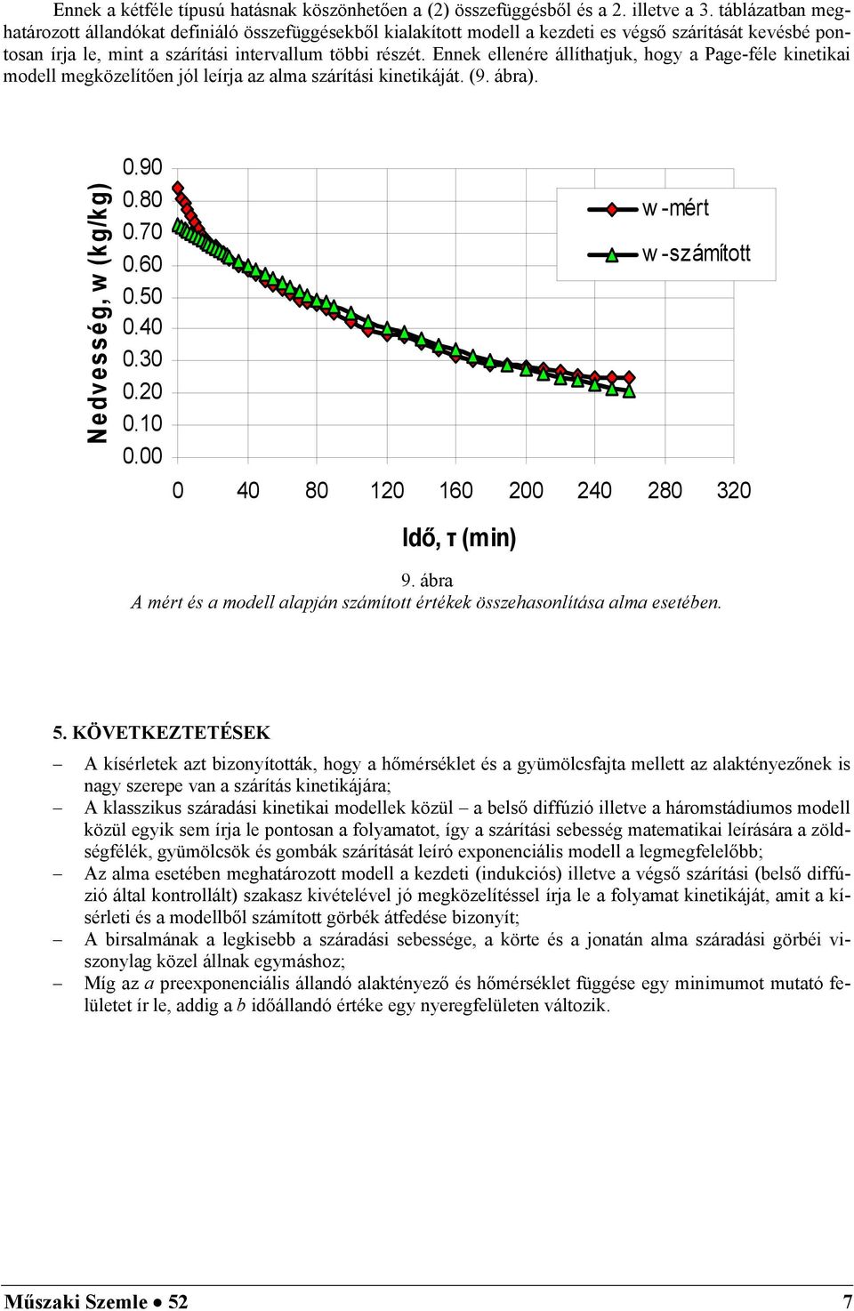 Ennek ellenére állíthatjuk, hogy a Page-féle kinetikai modell megközelítően jól leírja az alma szárítási kinetikáját. (9. ábra). kg) 0.90 w-mért w -számított 9.