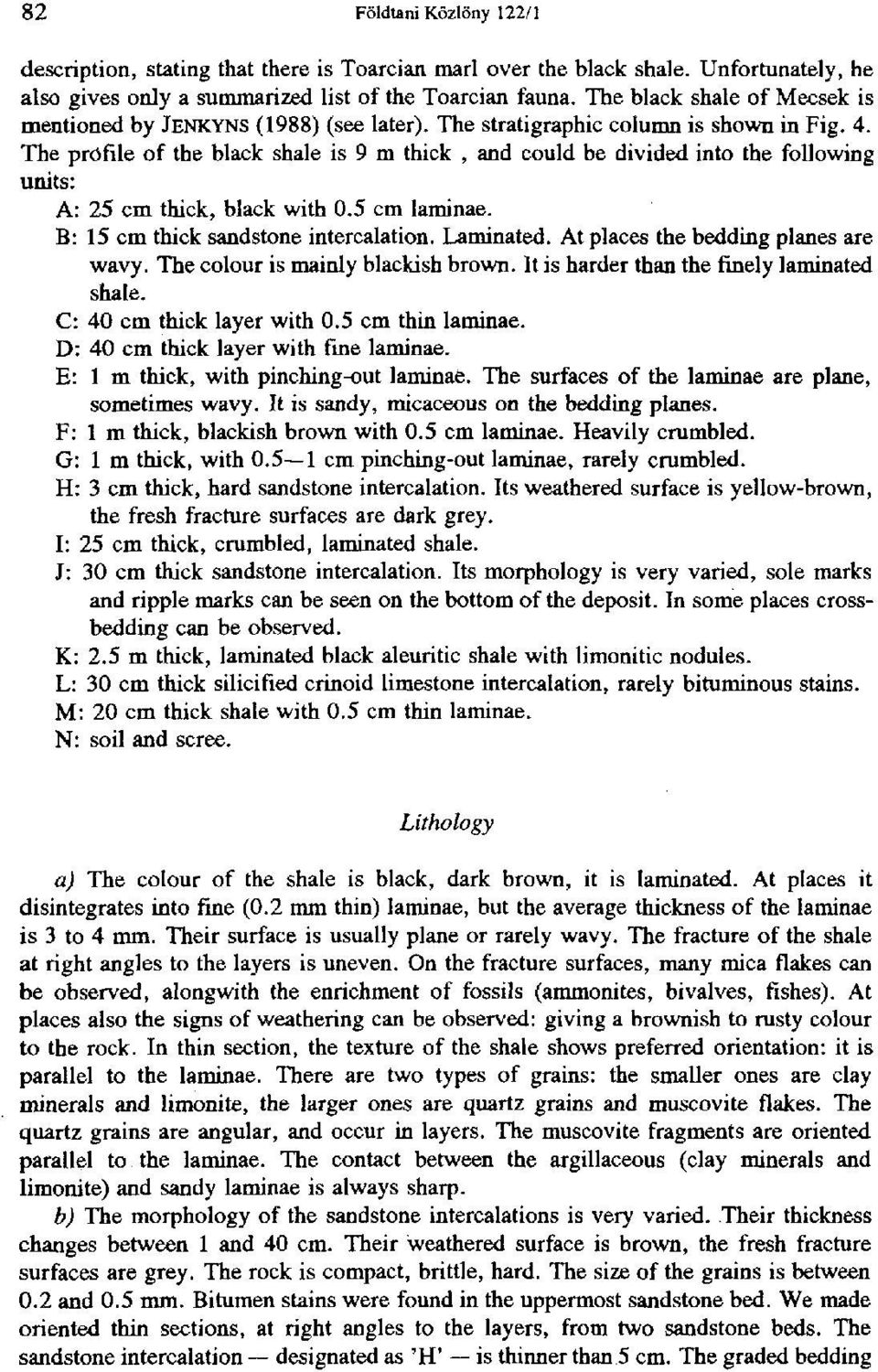 The profile of the black shale is 9 m thick, and could be divided into the following units: A: 25 cm thick, black with 0.5 cm laminae. B: 15 cm thick sandstone intercalation. Laminated.