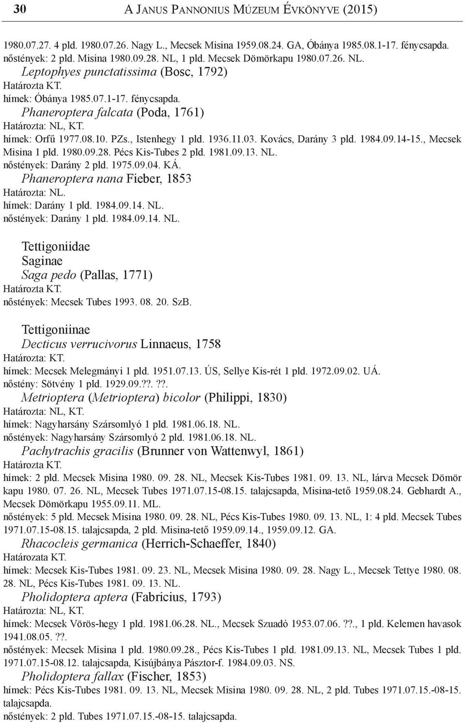 03. Kovács, Darány 3 pld. 1984.09.14-15., Mecsek Misina 1 pld. 1980.09.28. Pécs Kis-Tubes 2 pld. 1981.09.13. NL. nőstények: Darány 2 pld. 1975.09.04. KÁ. Phaneroptera nana Fieber, 1853 Határozta: NL.