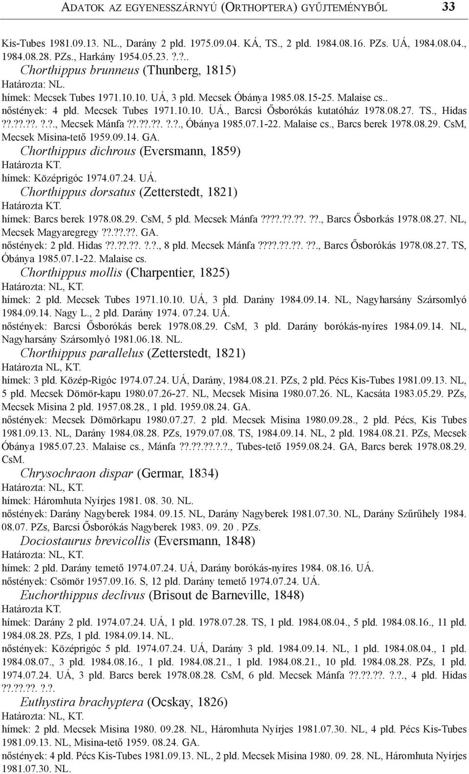 08.27. TS., Hidas??.??.??.?.?., Mecsek Mánfa??.??.??.?.?., Óbánya 1985.07.1-22. Malaise cs., Barcs berek 1978.08.29. CsM, Mecsek Misina-tető 1959.09.14. GA.
