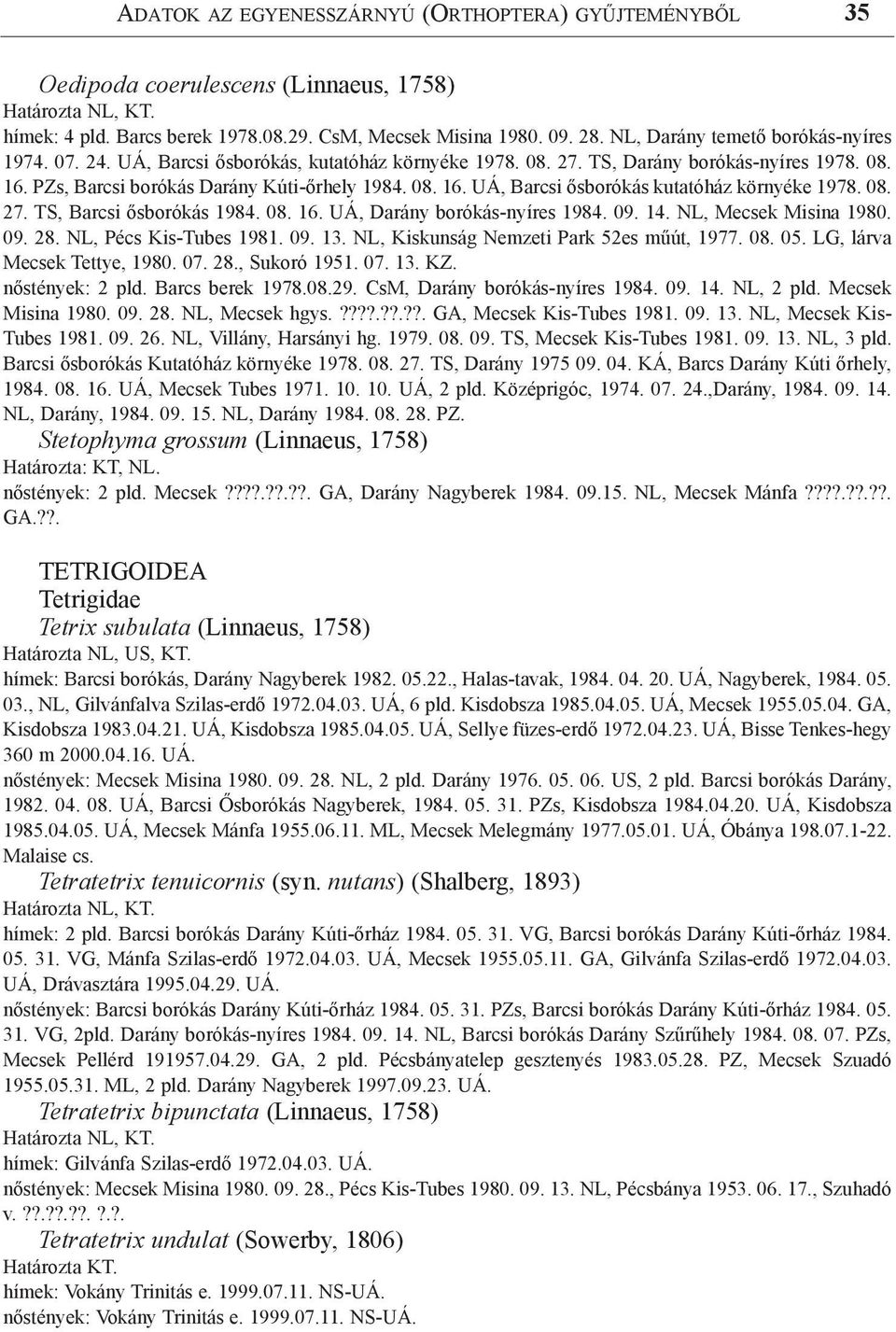 08. 27. TS, Barcsi ősborókás 1984. 08. 16. UÁ, Darány borókás-nyíres 1984. 09. 14. NL, Mecsek Misina 1980. 09. 28. NL, Pécs Kis-Tubes 1981. 09. 13. NL, Kiskunság Nemzeti Park 52es műút, 1977. 08. 05.
