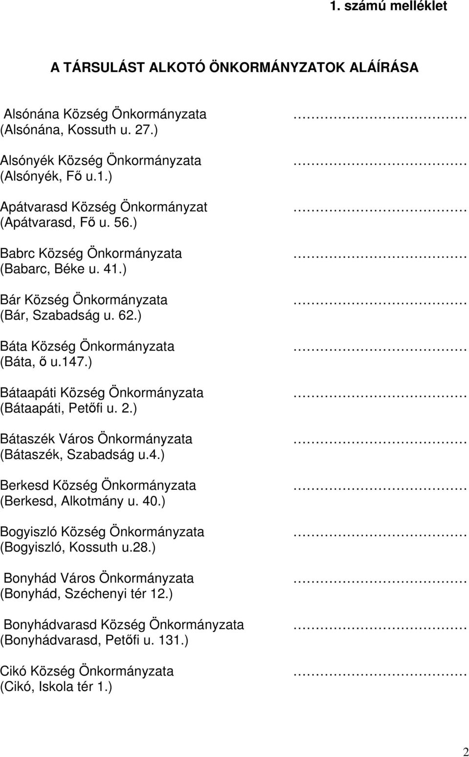 ) Bátaapáti Község Önkormányzata (Bátaapáti, Petőfi u. 2.) Bátaszék Város Önkormányzata (Bátaszék, Szabadság u.4.) Berkesd Község Önkormányzata (Berkesd, Alkotmány u. 40.