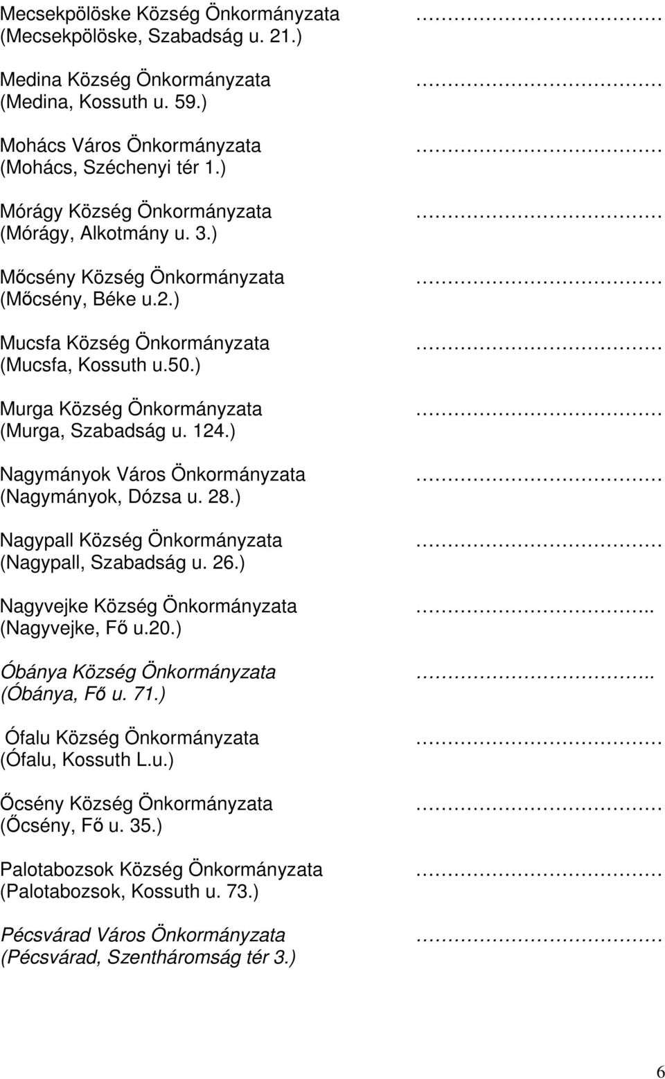 ) Murga Község Önkormányzata (Murga, Szabadság u. 124.) Nagymányok Város Önkormányzata (Nagymányok, Dózsa u. 28.) Nagypall Község Önkormányzata (Nagypall, Szabadság u. 26.