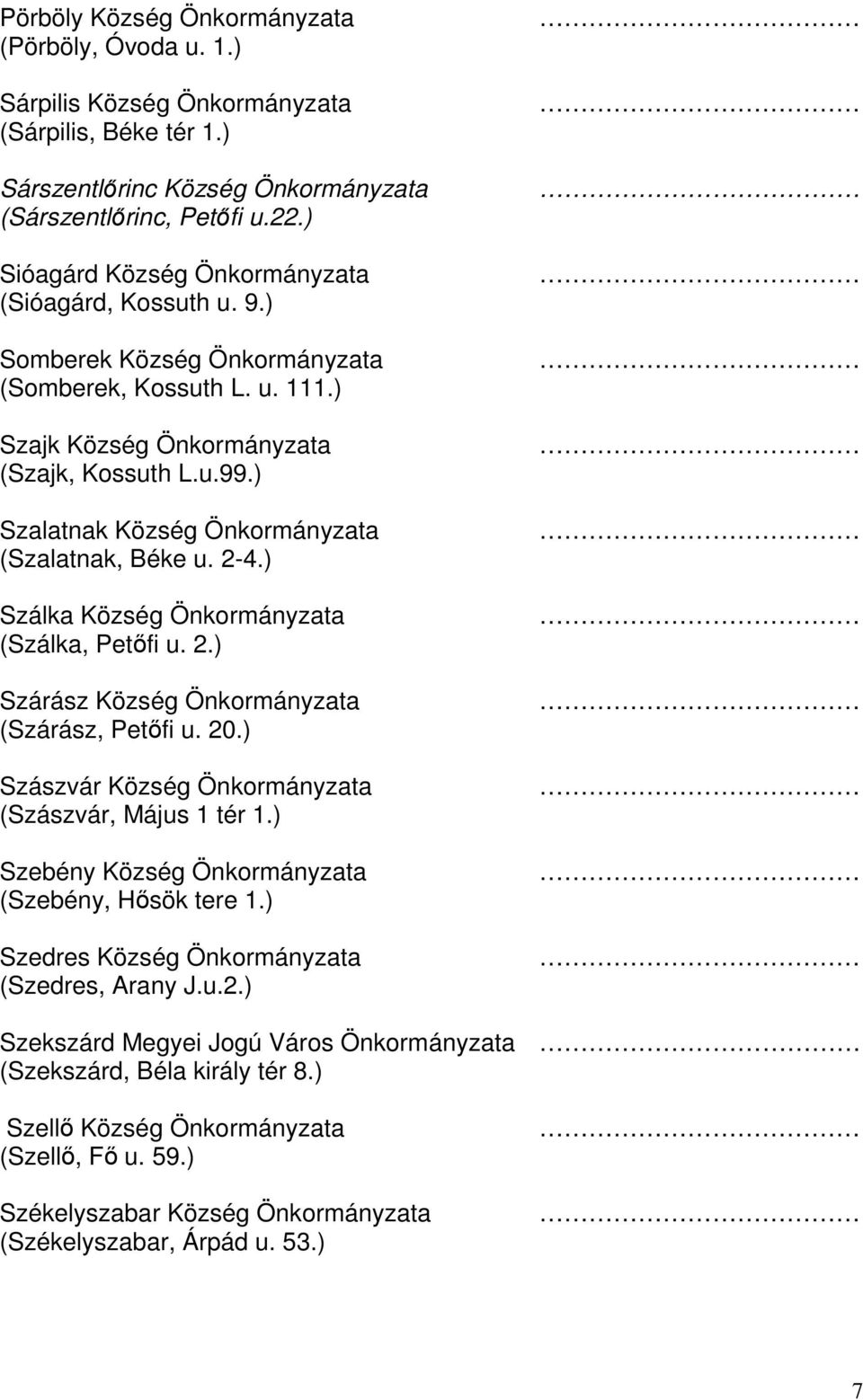 ) Szalatnak Község Önkormányzata (Szalatnak, Béke u. 2-4.) Szálka Község Önkormányzata (Szálka, Petőfi u. 2.) Szárász Község Önkormányzata (Szárász, Petőfi u. 20.