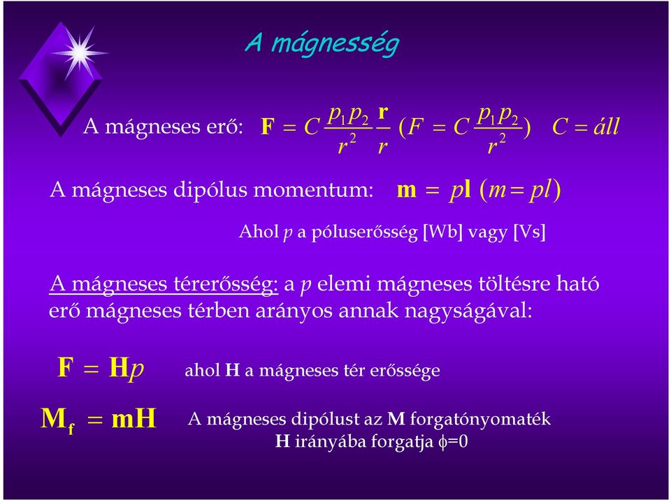 a p elemi mágneses töltésre ható erı mágneses térben arános annak nagságával: F = Hp ahol H