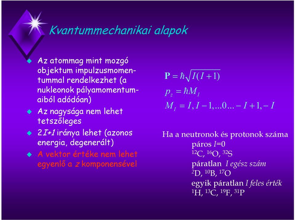 értéke nem lehet egenlı a z komponensével P= ħ I( I+ 1) p = ħm z I M = I, I 1,...0.