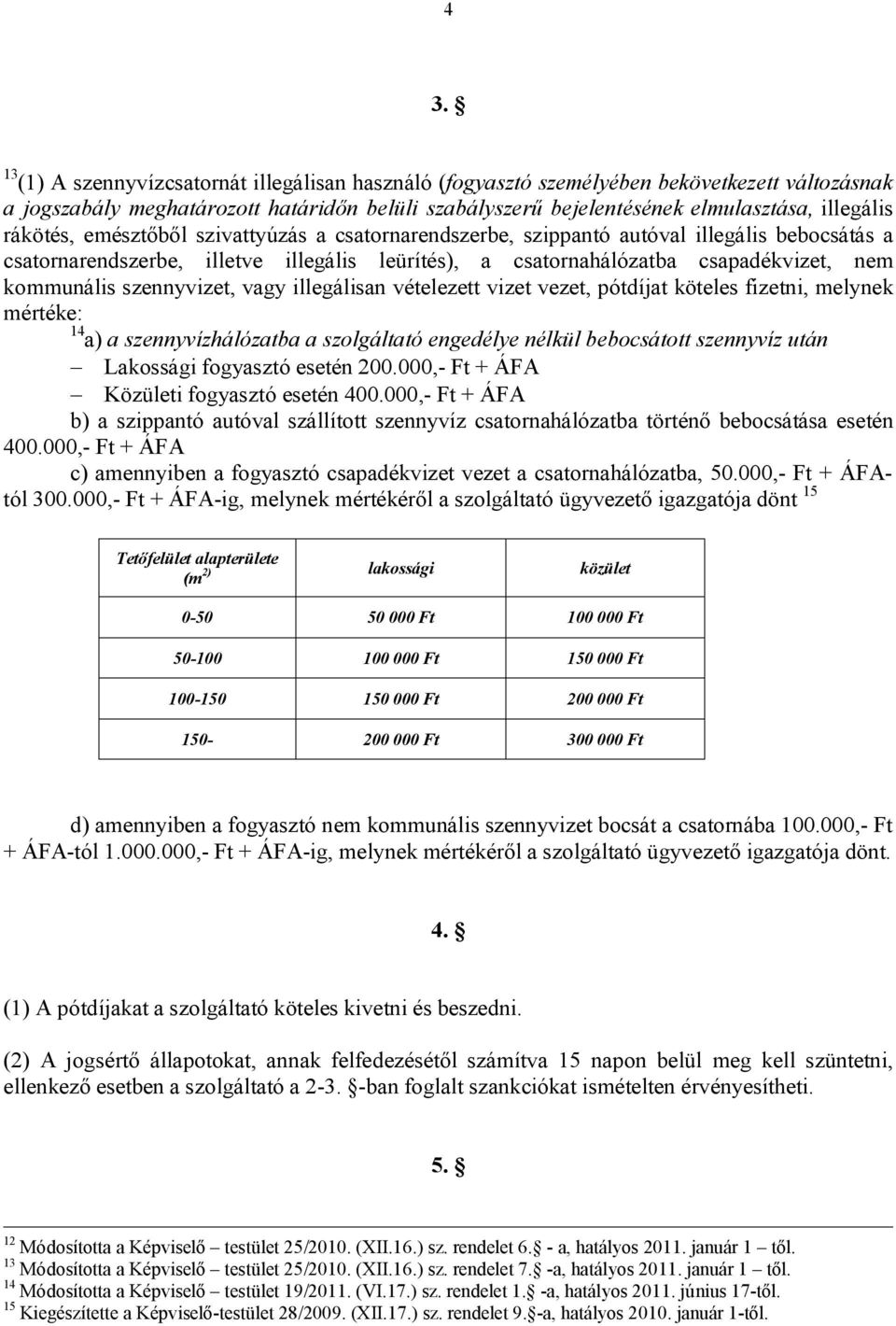 szennyvizet, vagy illegálisan vételezett vizet vezet, pótdíjat köteles fizetni, melynek mértéke: 14 a) a szennyvízhálózatba a szolgáltató engedélye nélkül bebocsátott szennyvíz után Lakossági