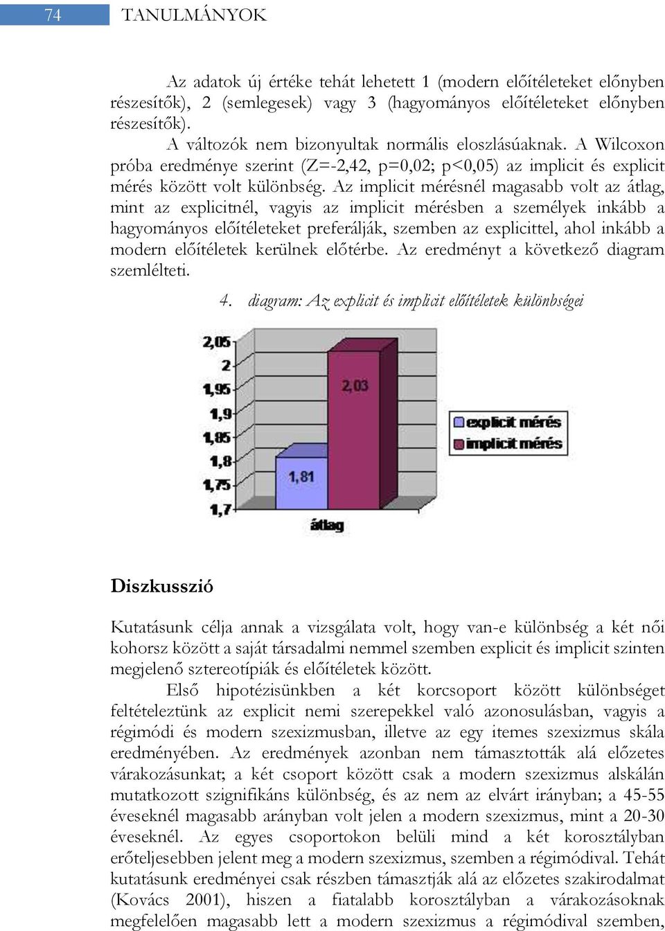 Az implicit mérésnél magasabb volt az átlag, mint az explicitnél, vagyis az implicit mérésben a személyek inkább a hagyományos előítéleteket preferálják, szemben az explicittel, ahol inkább a modern