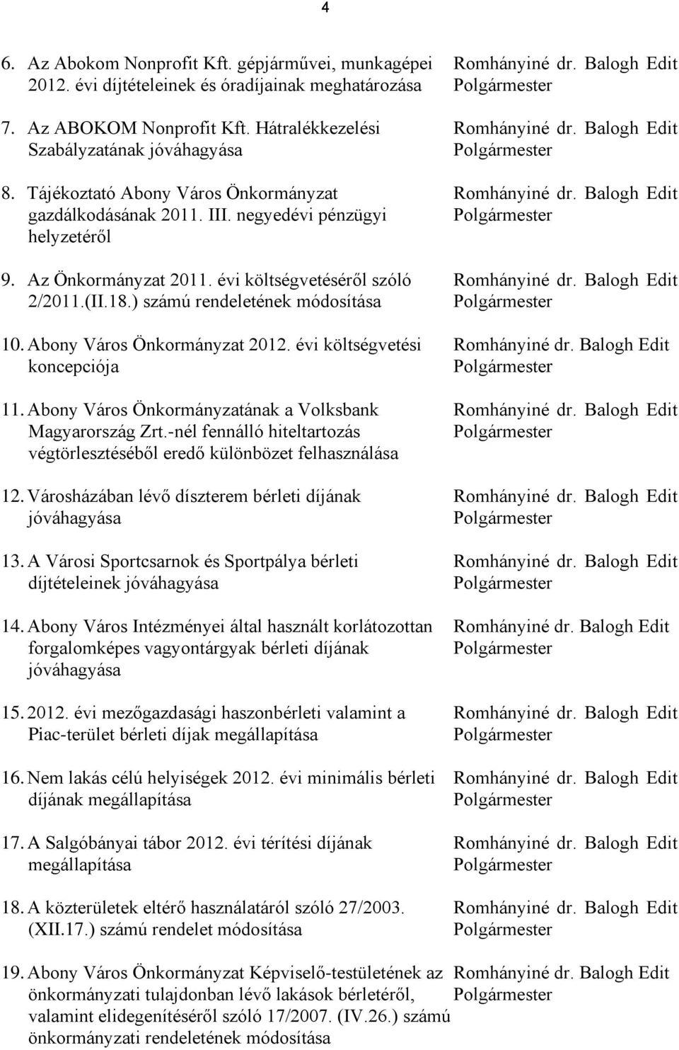 negyedévi pénzügyi Polgármester helyzetéről 9. Az Önkormányzat 2011. évi költségvetéséről szóló Romhányiné dr. Balogh Edit 2/2011.(II.18.) számú rendeletének módosítása Polgármester 10.