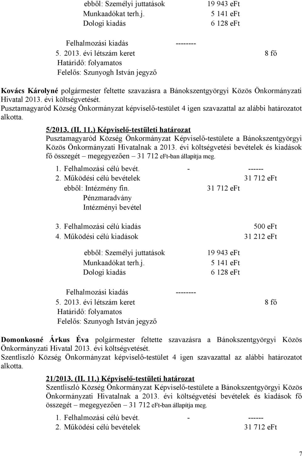 Pusztamagyaród Község Önkormányzat képviselő-testület 4 igen szavazattal az alábbi határozatot alkotta. 5/2013. (II. 11.