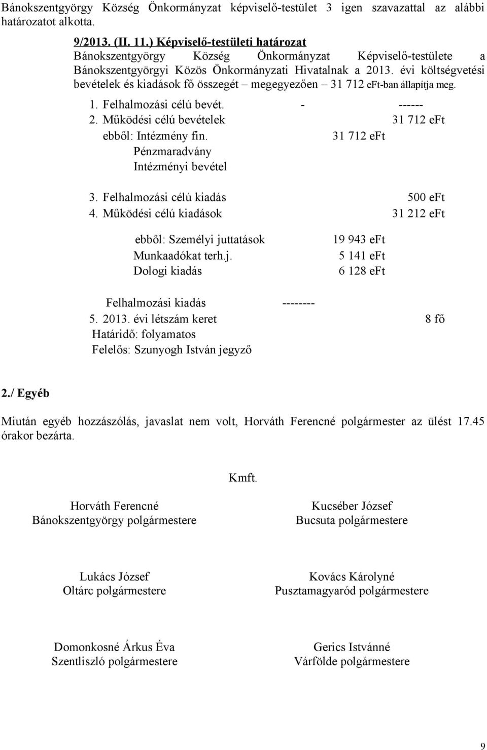 évi költségvetési bevételek és kiadások fő összegét megegyezően 31 712 eft-ban állapítja meg. 1. Felhalmozási célú bevét. - ------ 2. Működési célú bevételek 31 712 eft ebből: Intézmény fin.