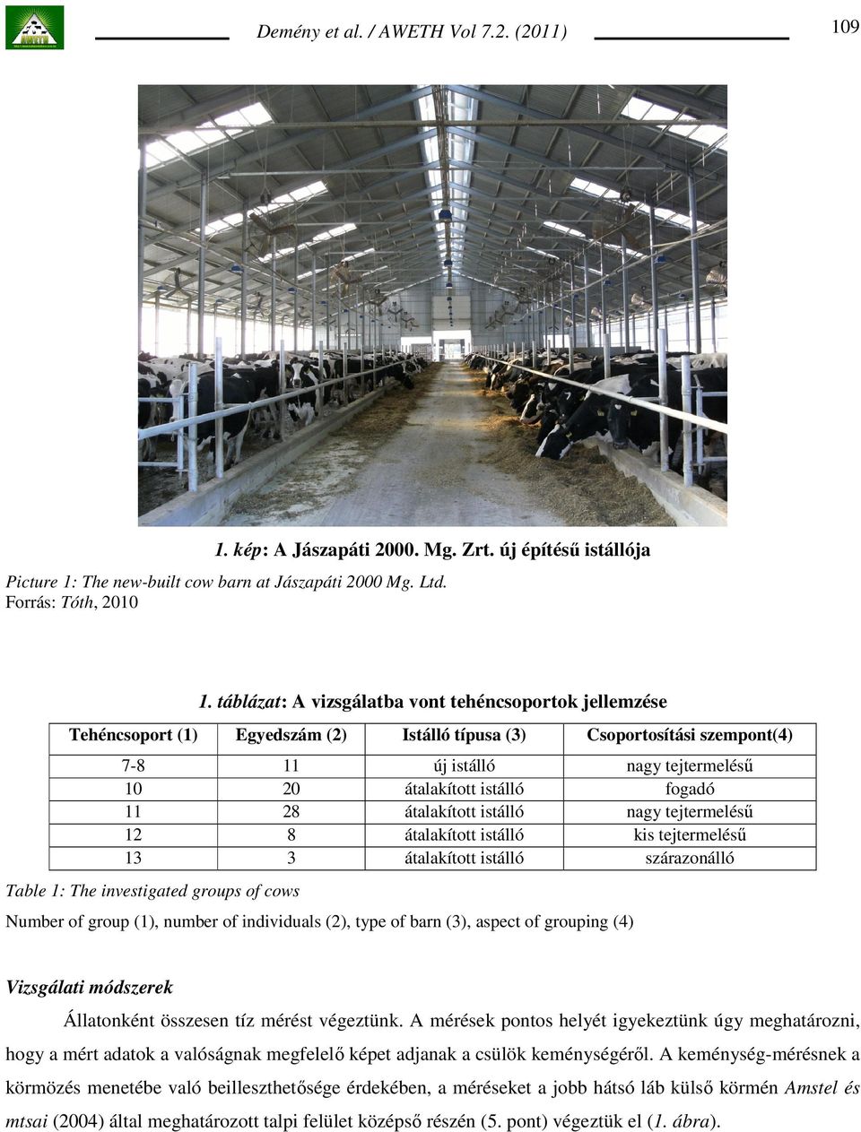 fogadó 11 28 átalakított istálló nagy tejtermeléső 12 8 átalakított istálló kis tejtermeléső 13 3 átalakított istálló szárazonálló Table 1: The investigated groups of cows Number of group (1), number