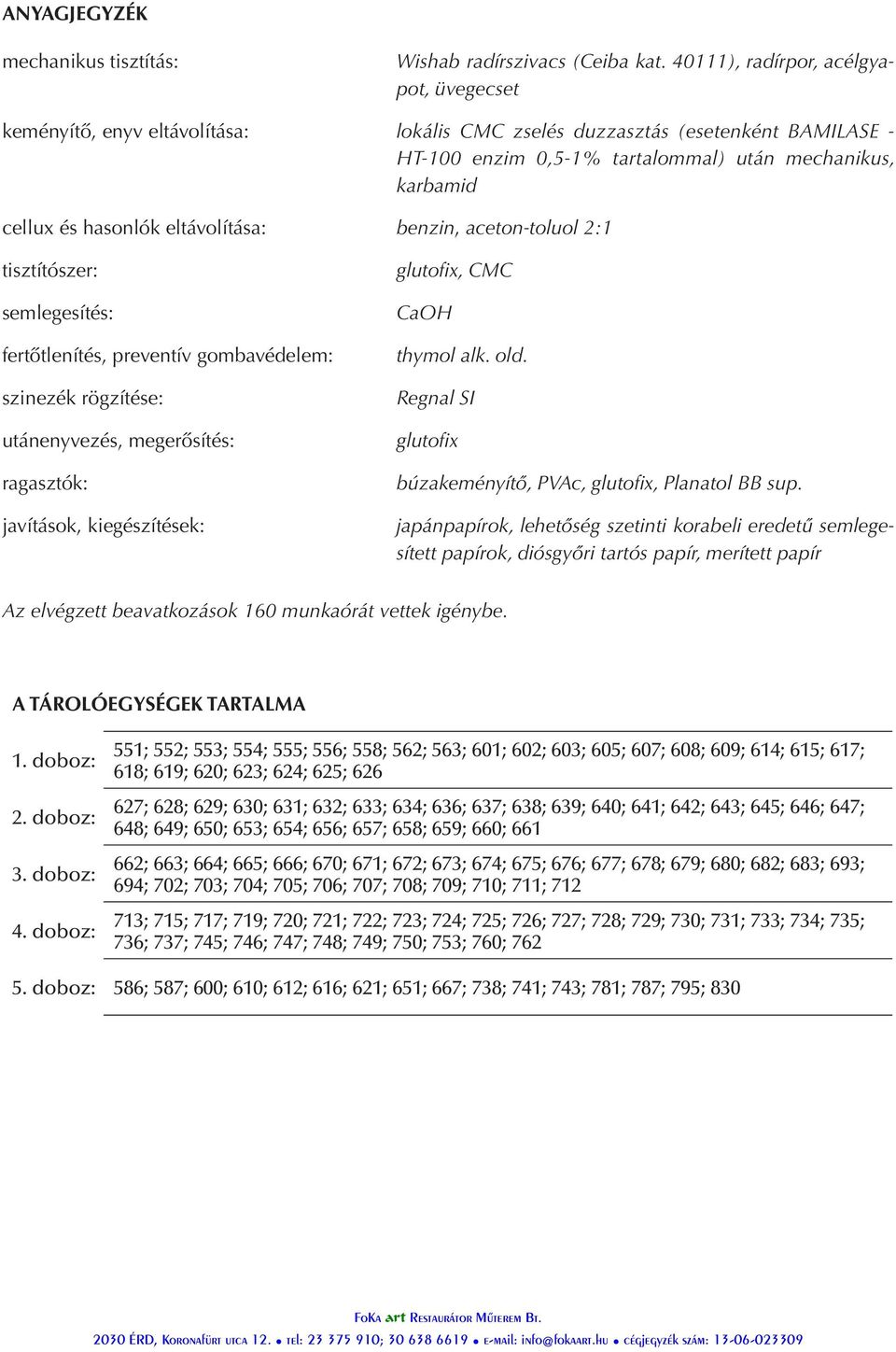 hasonlók eltávolítása: benzin, aceton-toluol 2:1 tisztítószer: semlegesítés: fertőtlenítés, preventív gombavédelem: szinezék rögzítése: utánenyvezés, megerősítés: ragasztók: javítások, kiegészítések: