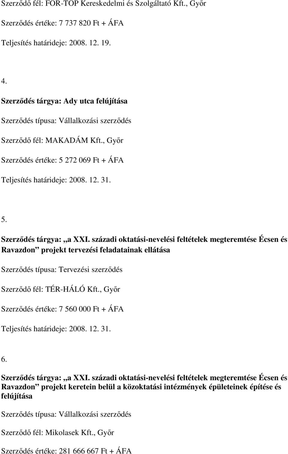 századi oktatási-nevelési feltételek megteremtése Écsen és Ravazdon projekt tervezési feladatainak ellátása Szerződés típusa: Tervezési szerződés Szerződő fél: TÉR-HÁLÓ Kft.