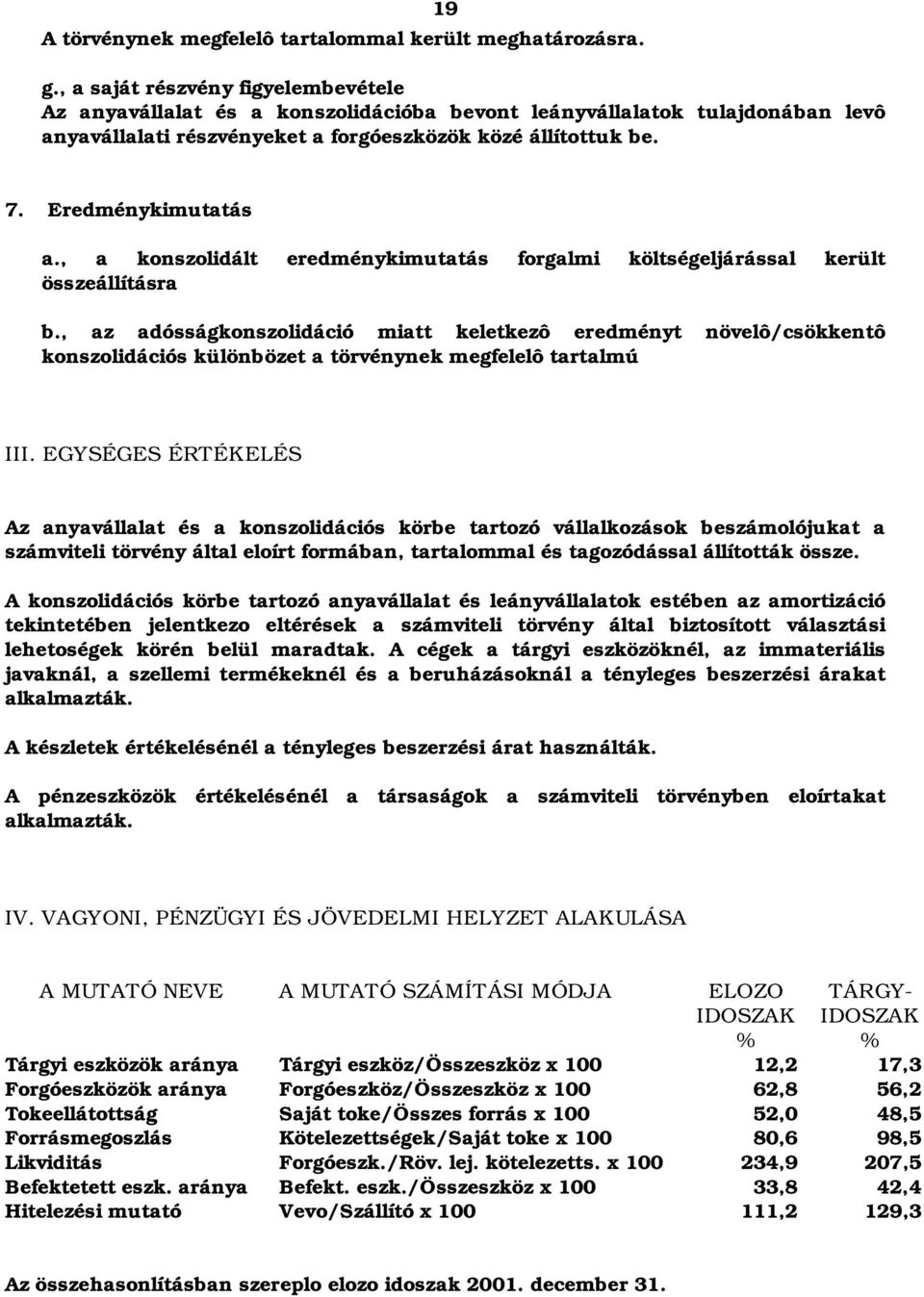 , a konszolidált eredménykimutatás forgalmi költségeljárással került összeállításra b.