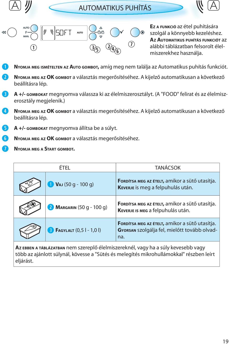 A +/- GOMBOKAT megnyomva válassza ki az élelmiszerosztályt. (A "FOOD" felirat és az élelmiszerosztály megjelenik.) NYOMJA MEG AZ OK GOMBOT a választás megerősítéséhez.